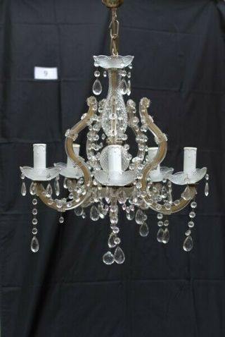 French Antique Vintage Brass Crystal Drops Chandelier Ceiling Light Lamp