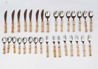 31 Pc Vtg Stainless Japan Real Bamboo Handle Stainless Steel Silverware Flatware