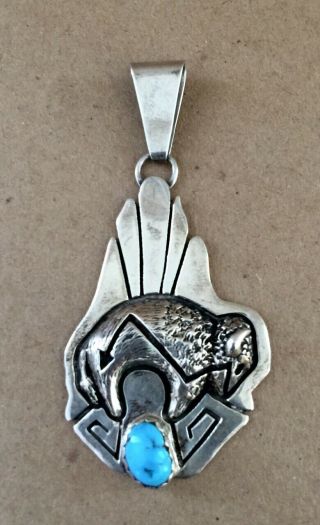 Vintage Navajo Large Sterling Silver Z Begay Turquoise Buffalo Pendant