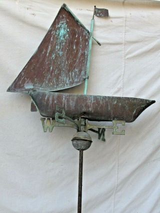 Vintage Copper Sailboat Weathervane With Pole And Directionals