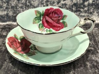 Vintage Paragon Large Red Rose Green Platinum Bone China Tea Cup & Saucer