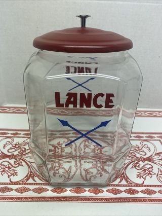Vintage 11” Lance Cracker Cookie Glass Jar General Store Display Red Metal Lid
