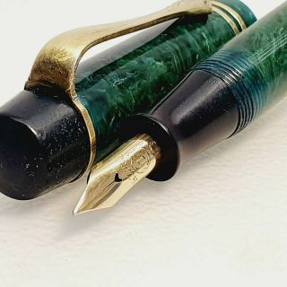 14k Gold Montblanc Nib Sack Filler Antique Green Marble Fountain Pen Vintage