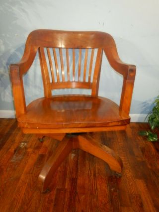 Vintage Wood Swivel Banker Chair Antique Office Industrial Wooden Desk Chair