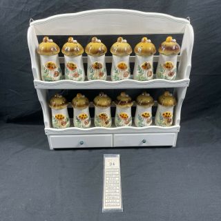 Vintage 1978 Sears Roebuck Merry Mushroom 12 Spice Jars & Rack Never Used/labels