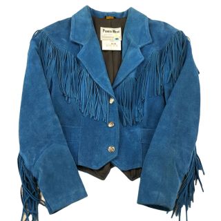 Vintage Pioneer Wear Western Fringe Jacket Suede Leather Aqua Blue Womens Size 8