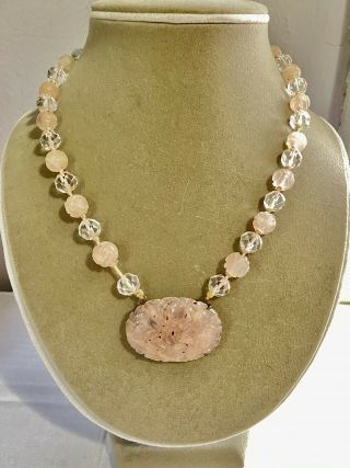 Antique Chinese Rose Quartz Crystal Carved Beads Pierced Pendant Silver Necklace