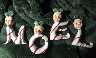 Vtg Htf Christmas Candy Cane Pixie Elf Noel Candle Holders Japan Holt Howard Era