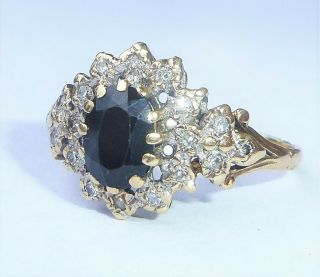 Vintage 9ct Gold Sapphire & 0.  10ct Diamond Halo Cluster Ring,  Size M1/2