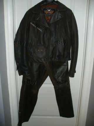 Harley Davidson Ladies Leather Jacket Medium Vintage Motorcycle Brown Chaps Set