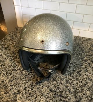 Vintage 1970’s Arthur Fulmer Silver Metallic Flake Motorcycle Helmet Af40