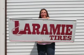Large Vintage Laramie Tires Gas Station 48 " Embossed Metal Sign