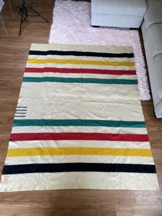 Vintage 1960s Hudson Bay 4 Point 100 Wool Blanket Size 90x70 Made In England