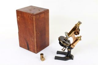 Vintage C1900 " E.  Leitz Wetzlar " Brass Microscope With Case 1586