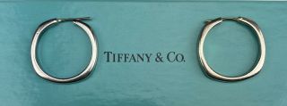 Vintage Signed Tiffany & Co Sterling Silver Cushion Modernist Hoop Earrings