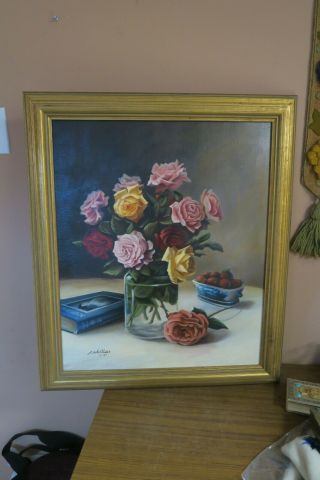 Vintage Signed Oil On Canvas " Summer Roses " Vase Painting 20 " X 24 " Framed