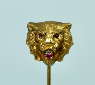 Antique 10k Figural Lion Head Stick Pin Brooch Stickpin Ruby Vintage Art Nouveau