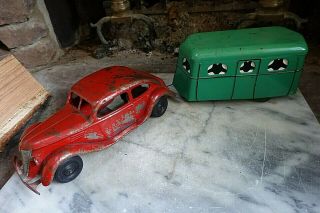 Vintage Kingsbury Toy Touring Car Sedan And Travel Trailer Windup Pressed Steel