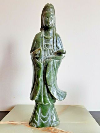 Vintage Chinese Spinach Green Nephrite Jade Quan Yin Carving 10 " H