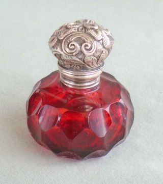 Antique Ruby Cut Glass Scent Perfume Bottle With Hinged Sterling Silver Top
