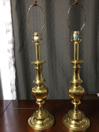 Elegant Pair Large Vintage Mid Century Stiffel Brass 3 - Way Table Lamps