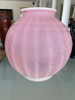 Large Antique Peach Blow Pink Victorian Floral Gwtw Ball Oil Lamp Shade Globe
