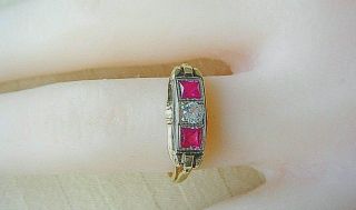 Art Deco Vintage Synthetic Ruby & Cz 3 Stone Ring 14k Yellow Gold Size 6