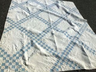 Antique Vintage Handmade Hand Stitched Quilted Old Blue And Whites