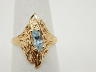 Vintage 14k Gold Marquis Shape Sky Blue Topaz.  75 Carat Filigree Ring Size 5 1/2
