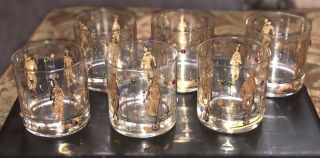 Vintage Set Of 6 Mardi Gras Jester Jewel Glasses Culver (?).