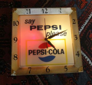 Vintage 1960 ' s “say PEPSI please” Pepsi - Cola lighted advertising clock sign 2