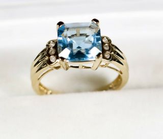 Vintage Estate 14k Yellow Gold Blue Topaz Princess Cut & Diamond Ring Size 8