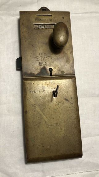 Vintage English Brass " Etas No.  1 " Toilet Door Lock Penny Slot W Key