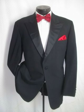 Brooks Brothers Solid Black 1 Button Peak Lapel Wool Vintage Tuxedo Suit 42 R