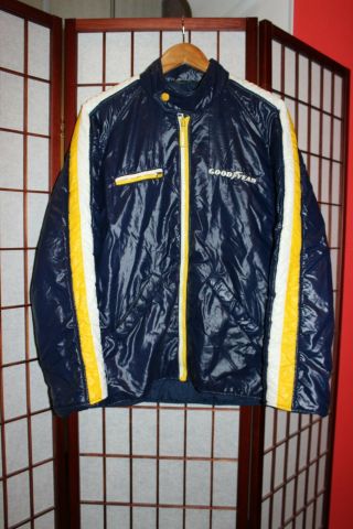 Vintage Goodyear Racing Puffer Blue Jacket.  Aly