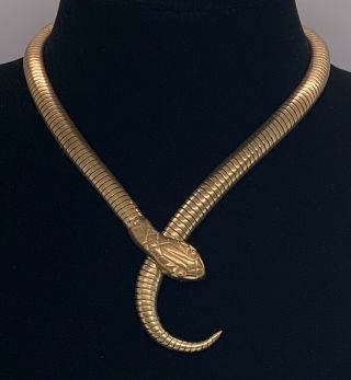 Vintage Art Deco Gold Tone Brass Snake Coil Necklace Choker Egyptian Revival Exc