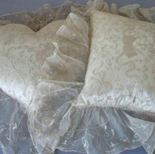 2 Vintage French Tambour Lace 15 " Boudoir Pillows Carlin Comforts Heart Bows,