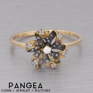 Antique Victorian 14k Yellow Gold Diamond & Blue Enamel Flower Ring Size 6.  25