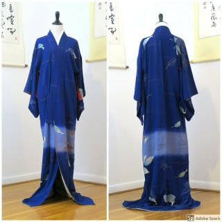Falling Leaves Kimono | Vintage Silk Japanese Pre - Wwii 1950s Navy Blue Dyed Robe