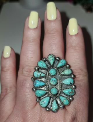 Vintage Navajo Sterling Silver Spider Web Turquoise Petit Point Ring Sz 10