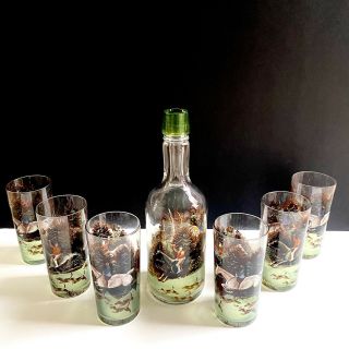 Vintage Hand Painted Equestrian Fox Hunt Scene Set Of 6 Glasses And Decanter