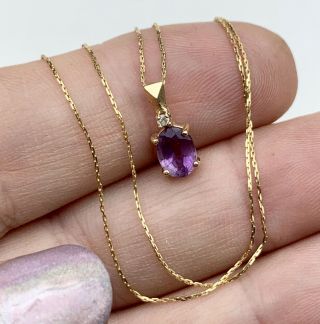 14k Gold Pendant Necklace With Amethyst And Diamond.  Vintage Gold Jewelry.  15”