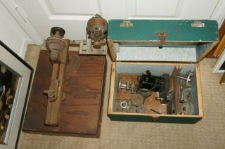 , Vntg Mini Wood / Metal Lathe W/accessories And Western Electric Sewing Motor