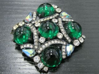 Vintage Elsa Schiaparelli Green Gripoix Glass Aurora Borealis Crystal Brooch