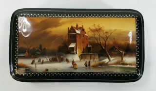Vintage Signed Russian Lacquer Box Hand Painted Scene Old Castle