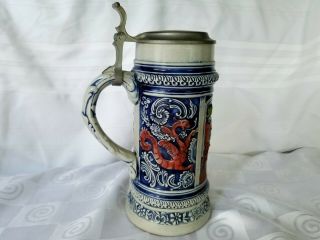 Vintage Old Gerz Beer Stein Cobalt Blue Polychrome Glaze Red Dragons In Relief