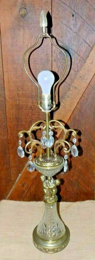 Cherub Table Lamp Vintage Glass Crystals Cupid Vintage Hollywood Regency Light