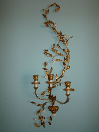 Large Vintage Italian Gilt Metal Tole Wall Sconce Candle Holders 45 "