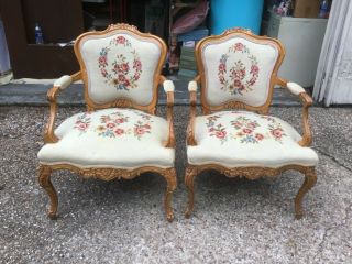 Pair Louis Xv Style Carved Oak Style And Needlepoint Flower Armchair