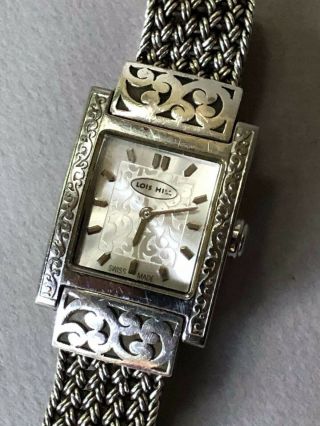Lovely Vtg Lois Hill Sterling Silver Wristwatch Flat Weave Band Scroll Swissmade